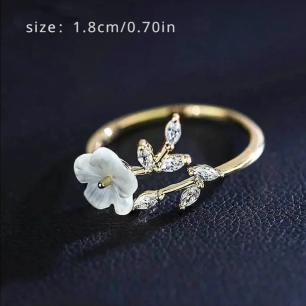 Dainty Gold Flower Rhinestone Cuff Ring - Picture 2 of 4